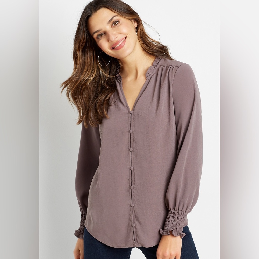 Maurices Mauve Purple Ruffle Neck Button Front Smocked Cuff Blouse Mixed Media